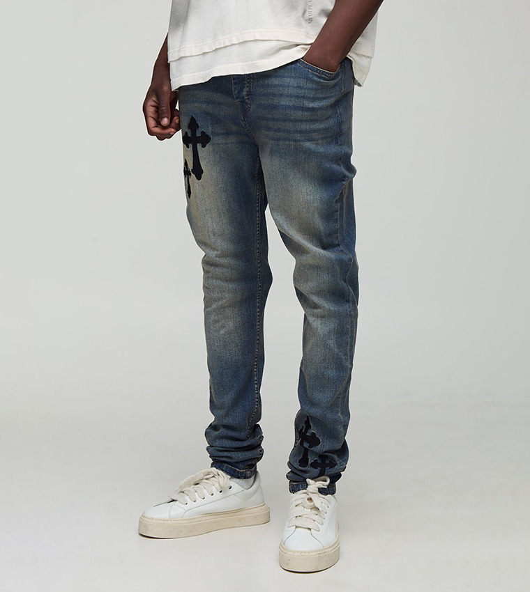 Tall Stacked Skinny Cross Embroidered Jeans