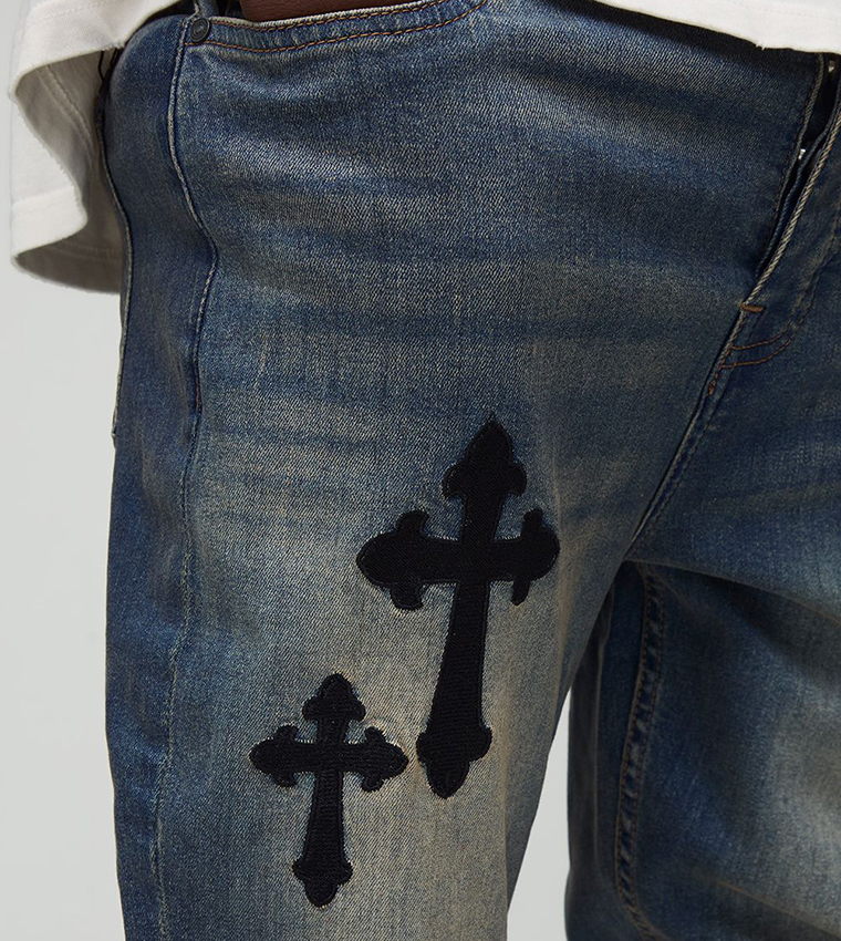 Tall Stacked Skinny Cross Embroidered Jeans