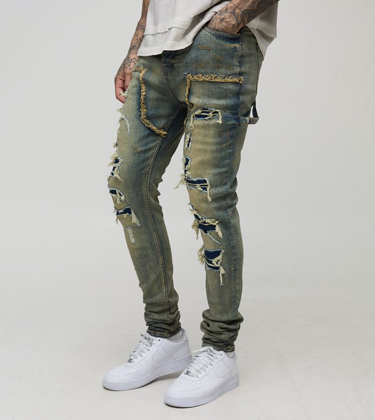 Tall Stacked Multi Ripped Carpenter Skinny Fit Jeans