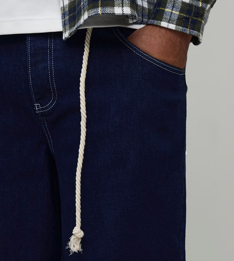 Washed Rope Belted Wide Leg Jeans