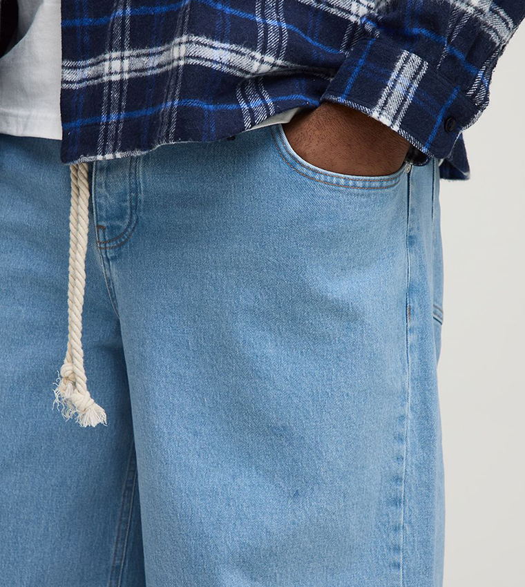 Washed Rope Belted Wide Leg Jeans