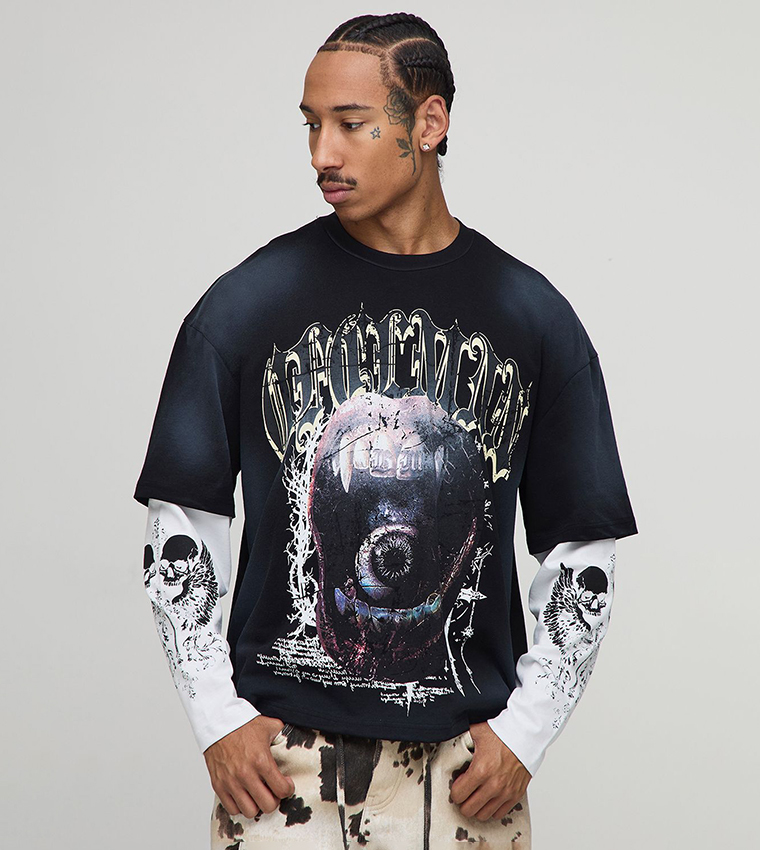 Ofclman Print Faux Layer Washed Oversized T-Shirt