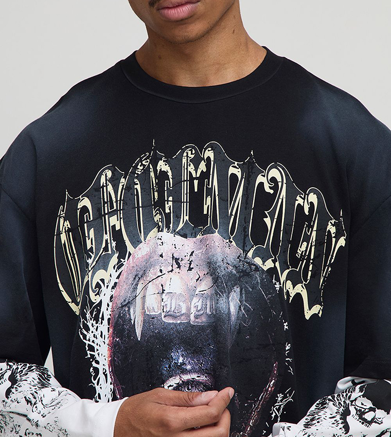 Ofclman Print Faux Layer Washed Oversized T-Shirt