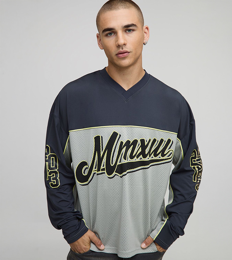 Mesh Varsity Long Sleeves Oversized Hockey T-Shirt