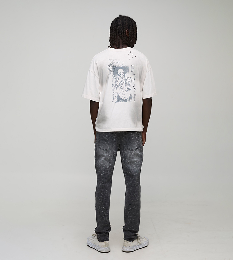 Clear Rhinestone Embellished Slim Fit Flared Jeans