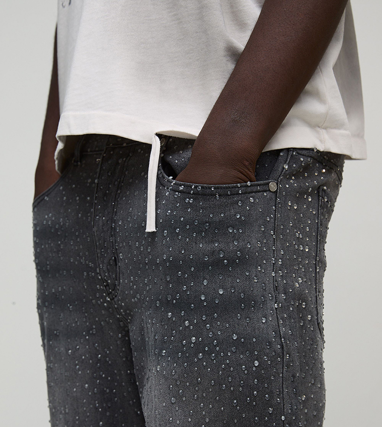 Clear Rhinestone Embellished Slim Fit Flared Jeans