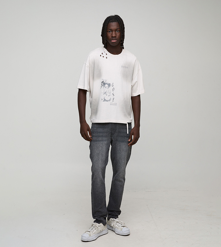 Clear Rhinestone Embellished Slim Fit Flared Jeans