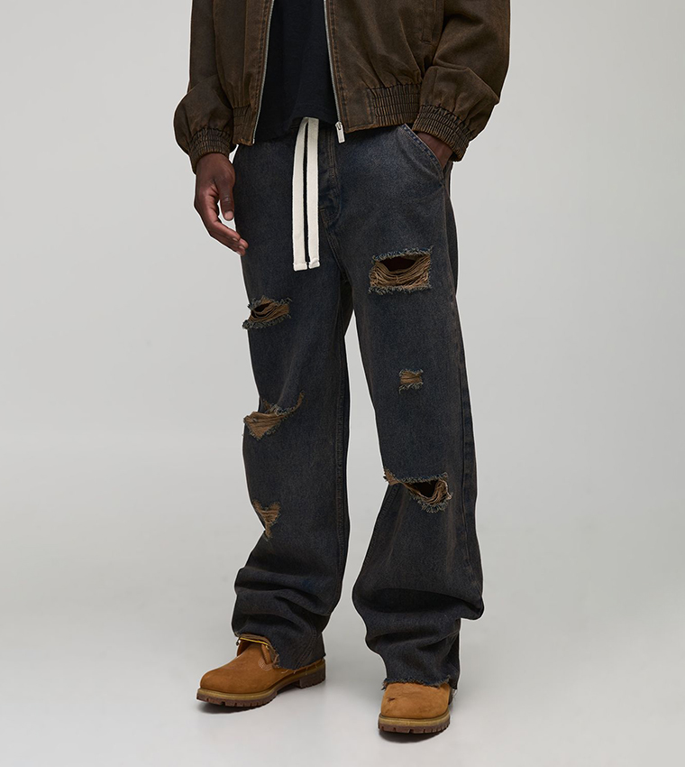 Tall Distressed Drawcord Relaxed Fit Jeans