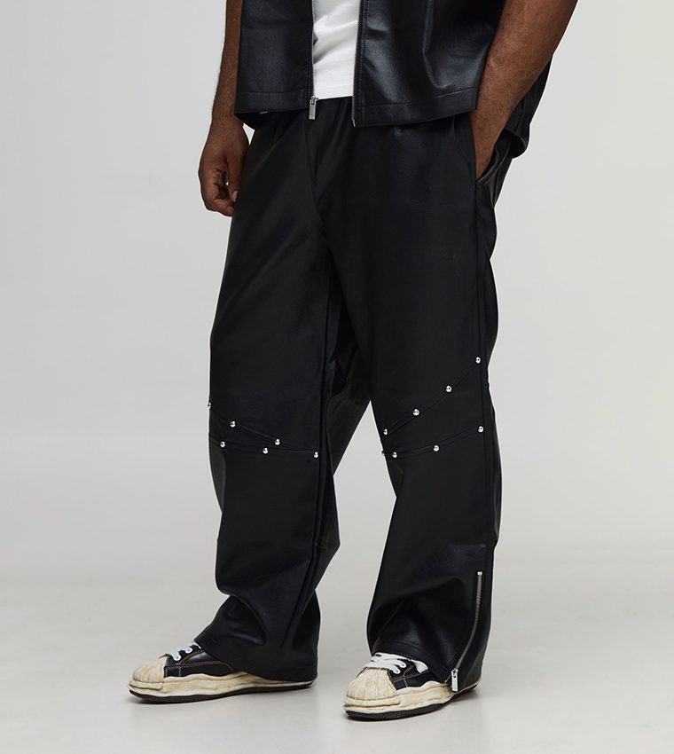 Buy BoohooMAN Plus Tall Studded Leather Look Zip Hem Relaxed Fit