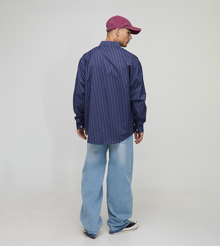 Striped Long Sleeves Hem Oversized Shirt