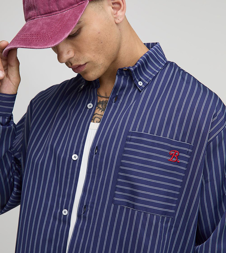 Striped Long Sleeves Hem Oversized Shirt