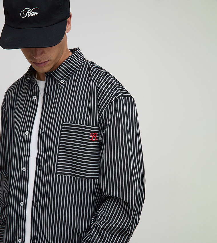 Striped Long Sleeves Hem Oversized Shirt
