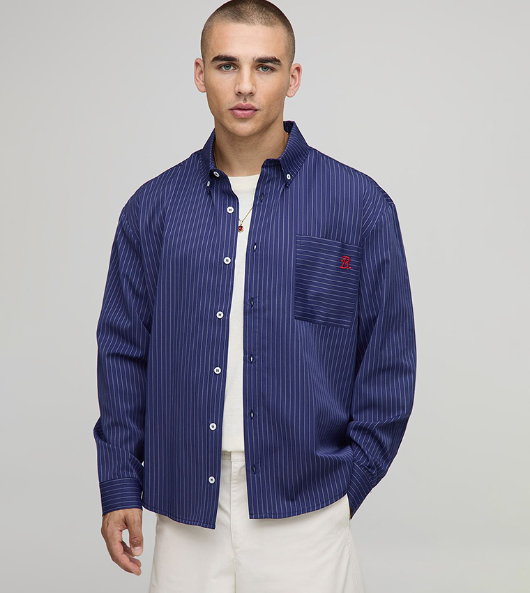 Striped Long Sleeves Curved Hem Oversized Shirt