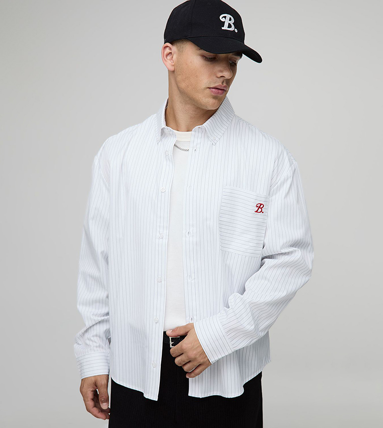 Striped Long Sleeves Curved Hem Oversized Shirt