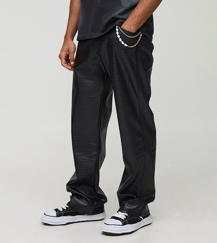 Fixed Waist Relaxed Croc PU Gold Chain Trousers