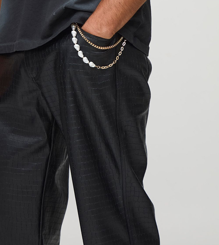 Fixed Waist Relaxed Croc PU Gold Chain Trousers