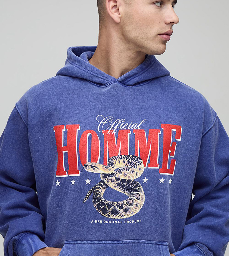 Washed Homme Snake Printed Oversized Hoodie