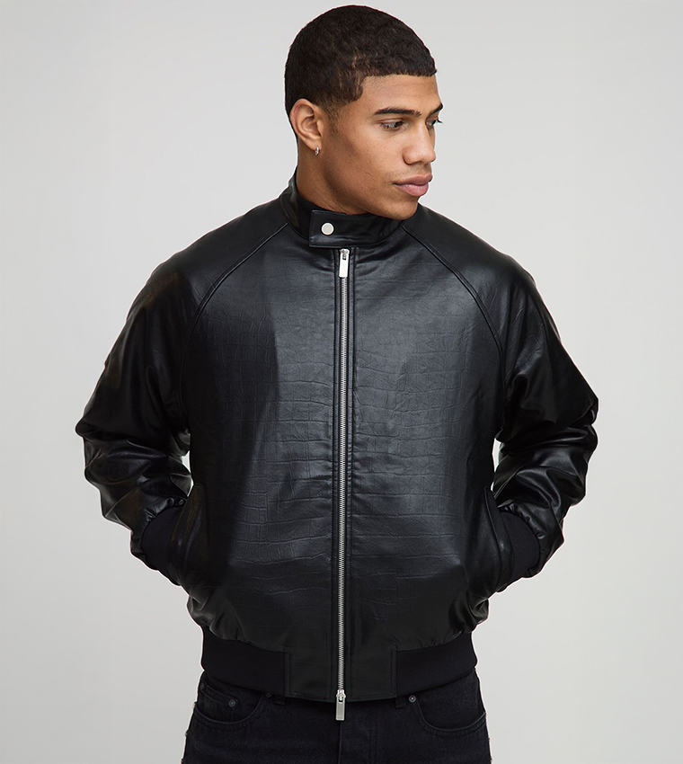 Boxy Fit Croc PU Biker Neck Bomber Jacket