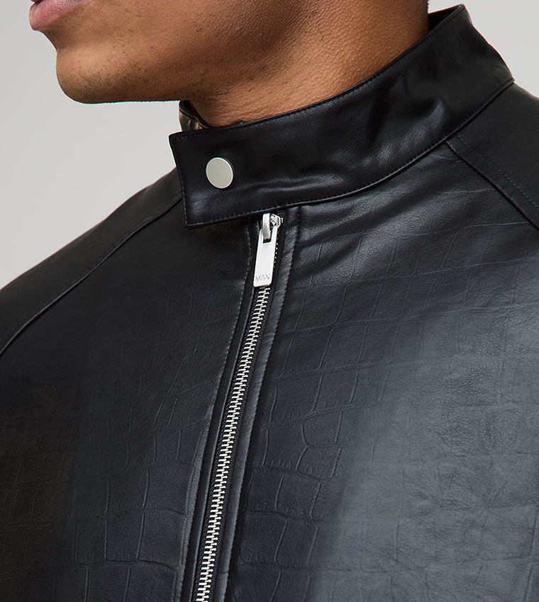 Boxy Fit Croc PU Biker Neck Bomber Jacket