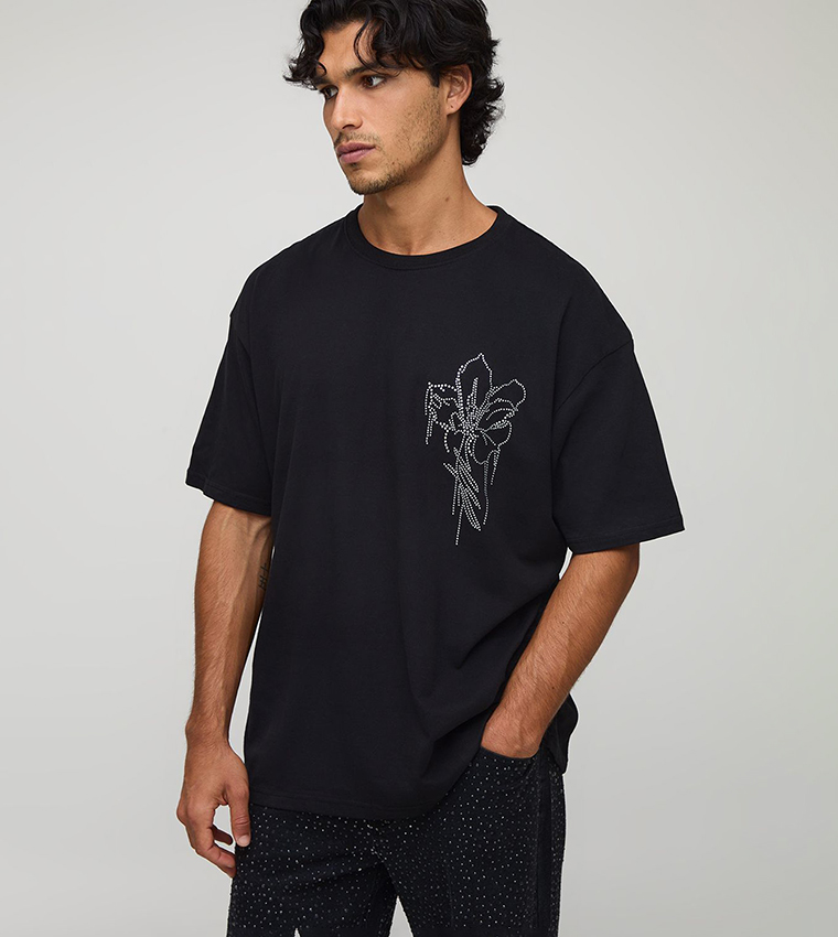 Floral Rhinestone Oversized T-Shirt