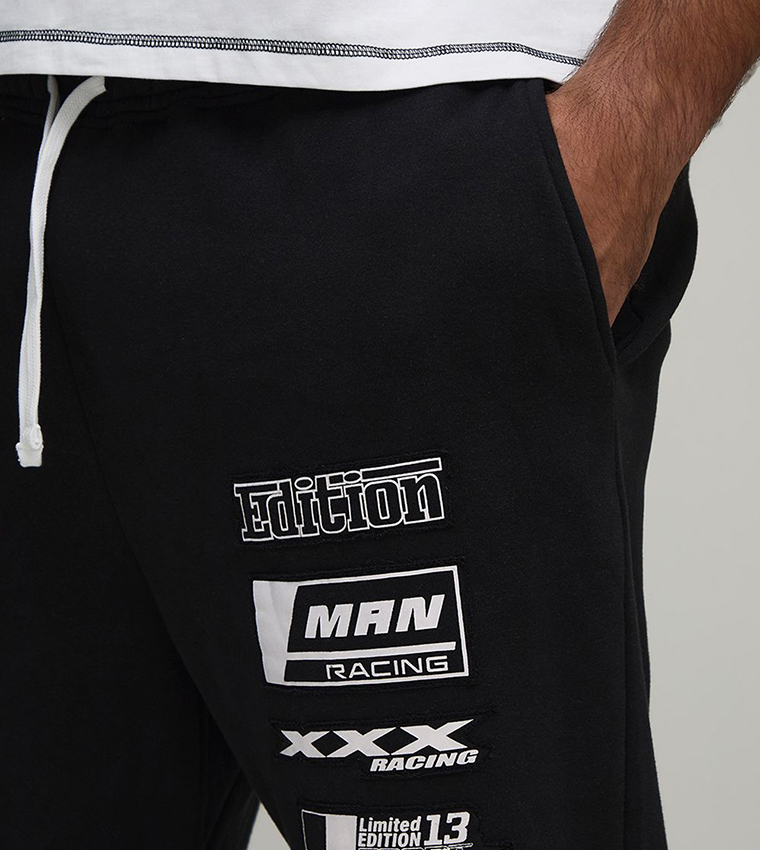 Dropped Crotch Flame Applique Moto Sweatpants