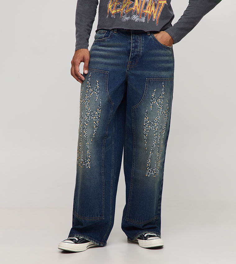Embellished Tribal Carpenter Baggy Fit Jeans