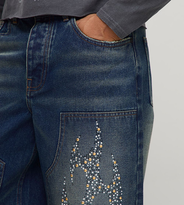 Embellished Tribal Carpenter Baggy Fit Jeans