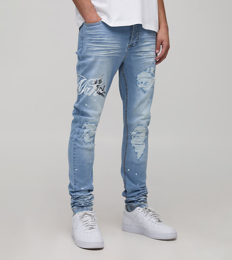 Stacked Printed Rip & Repair Skinny Fit Jeans