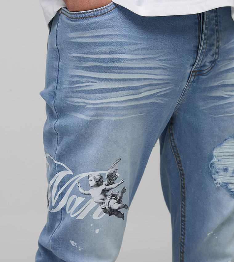 Stacked Printed Rip & Repair Skinny Fit Jeans