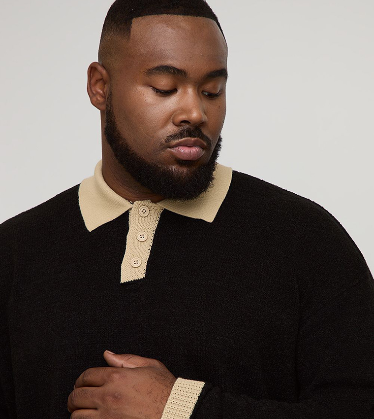 Plus & Tall Oversized Contrast Placket Knitted Polo T-Shirt