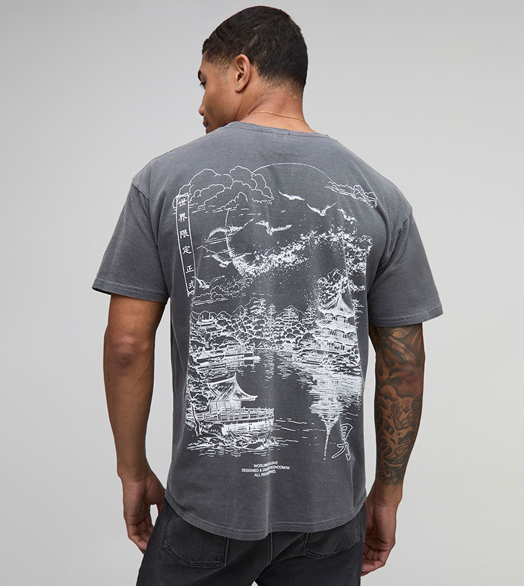 Regular Fit Washed Stencil Landscape Graphic T-Shirt