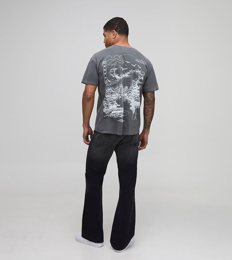 Regular Fit Washed Stencil Landscape Graphic T-Shirt