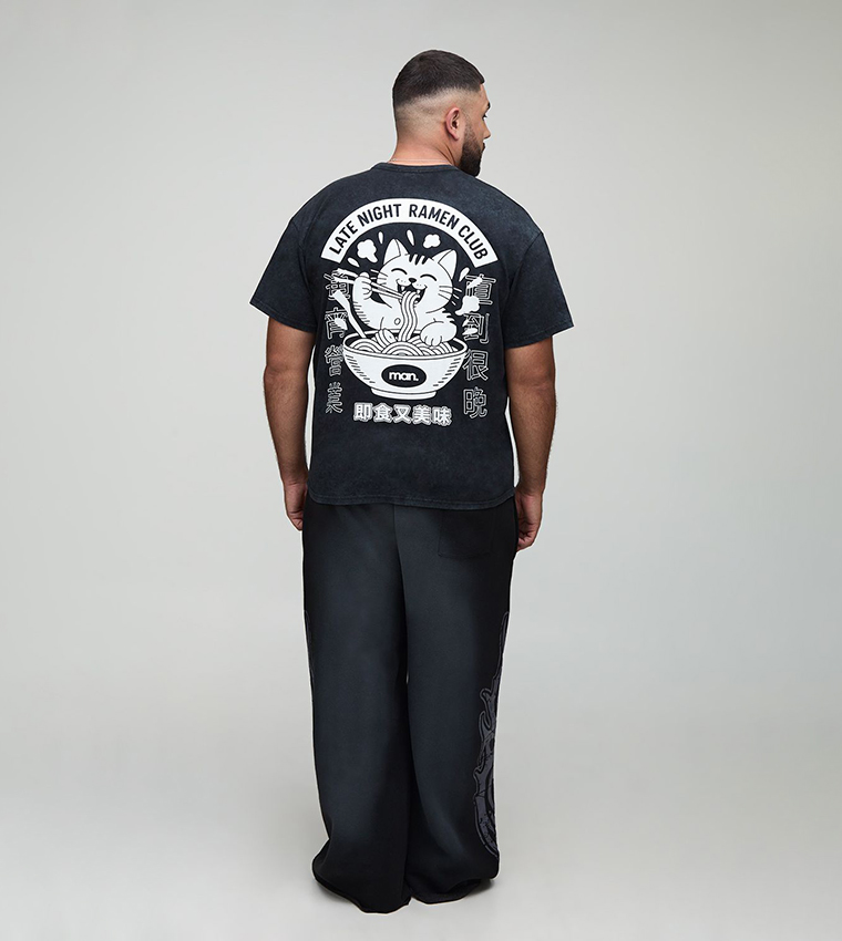 Plus & Tall Oversized Ramen Club Acid Wash Printed T-Shirt