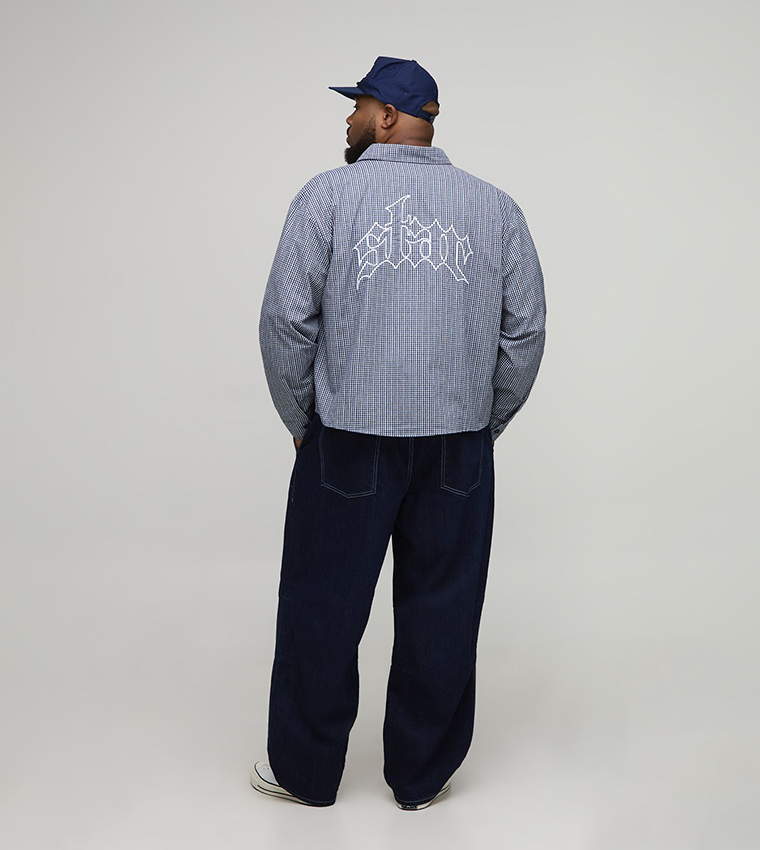 قميص اوفرسايز كاروهات كم طويل مطرز