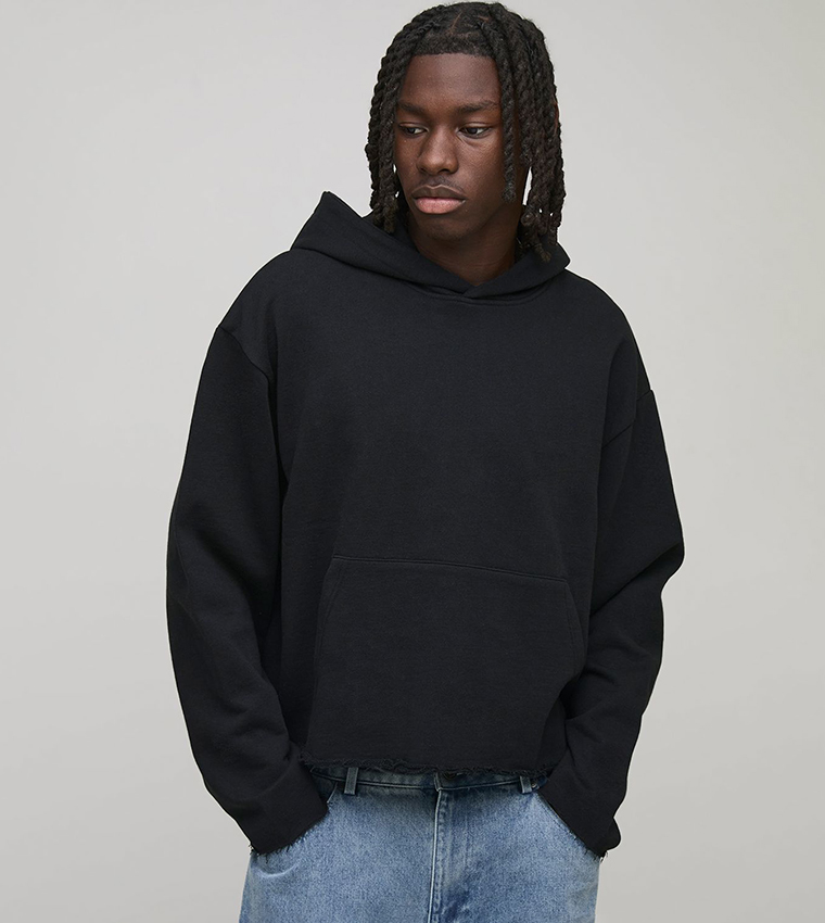 Buy BoohooMAN Shrunken Raw Edge Loopback Oversized Hoodie In Black ...