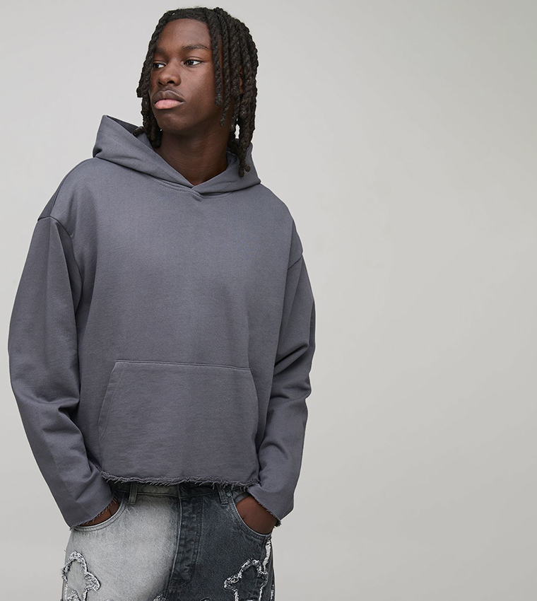 Shrunken Raw Edge Loopback Oversized Hoodie
