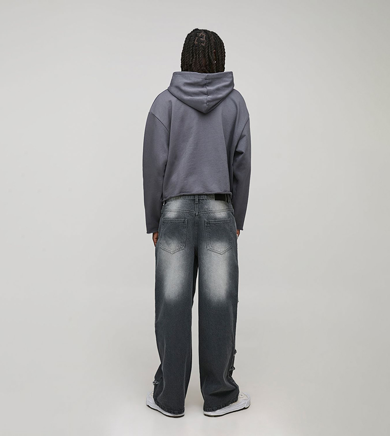 Shrunken Raw Edge Loopback Oversized Hoodie