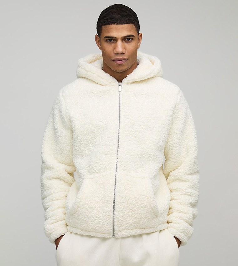 Fluffy Borg Embroidered Zip Through Hooded Jacket