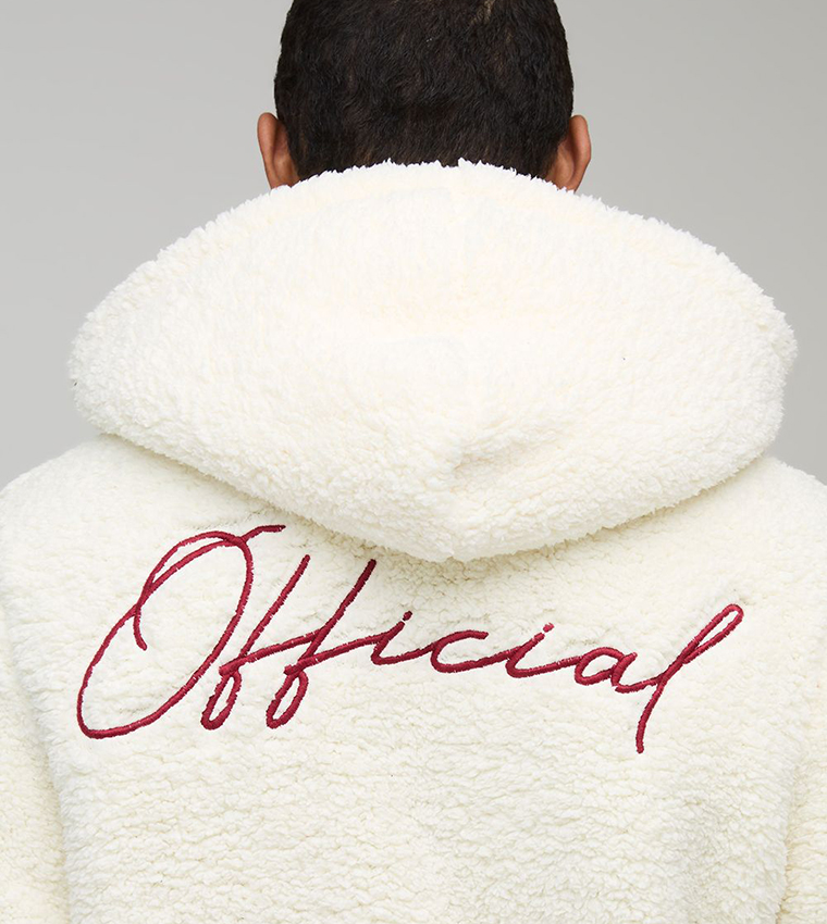 Fluffy Borg Embroidered Zip Through Hooded Jacket