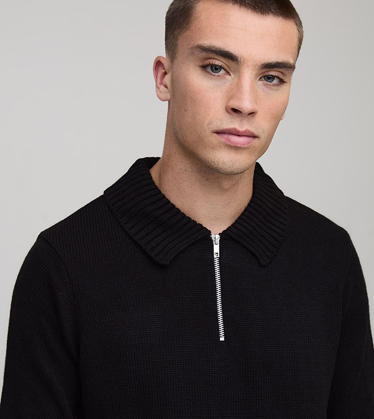 Regular Fit Long Sleeves Zip Neck Knitted Polo T-Shirt