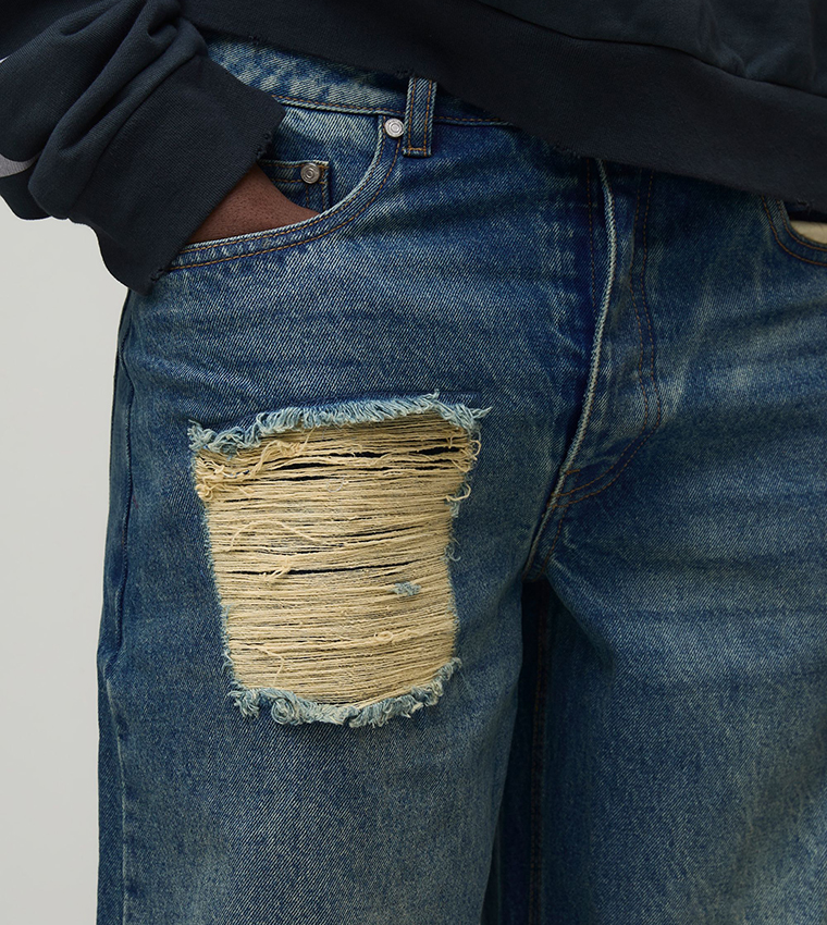 Stacked Washed Ripped Baggy Fit Jeans