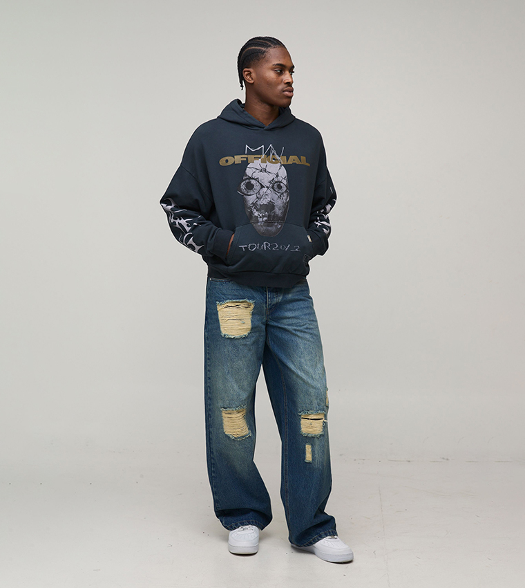 Stacked Washed Ripped Baggy Fit Jeans