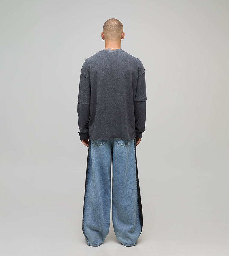 Washed Side Panel Baggy Fit Jeans