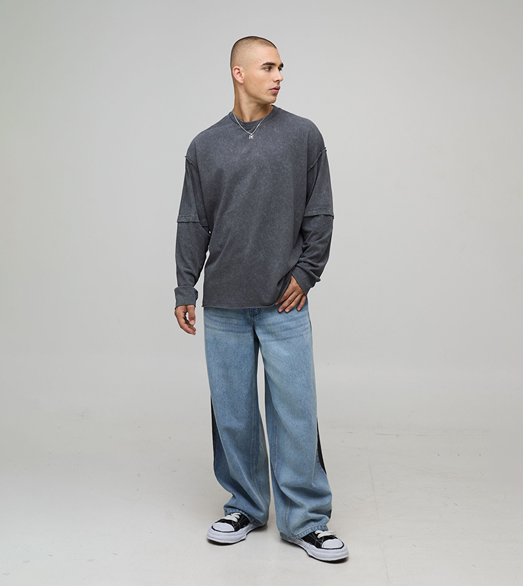 Washed Side Panel Baggy Fit Jeans