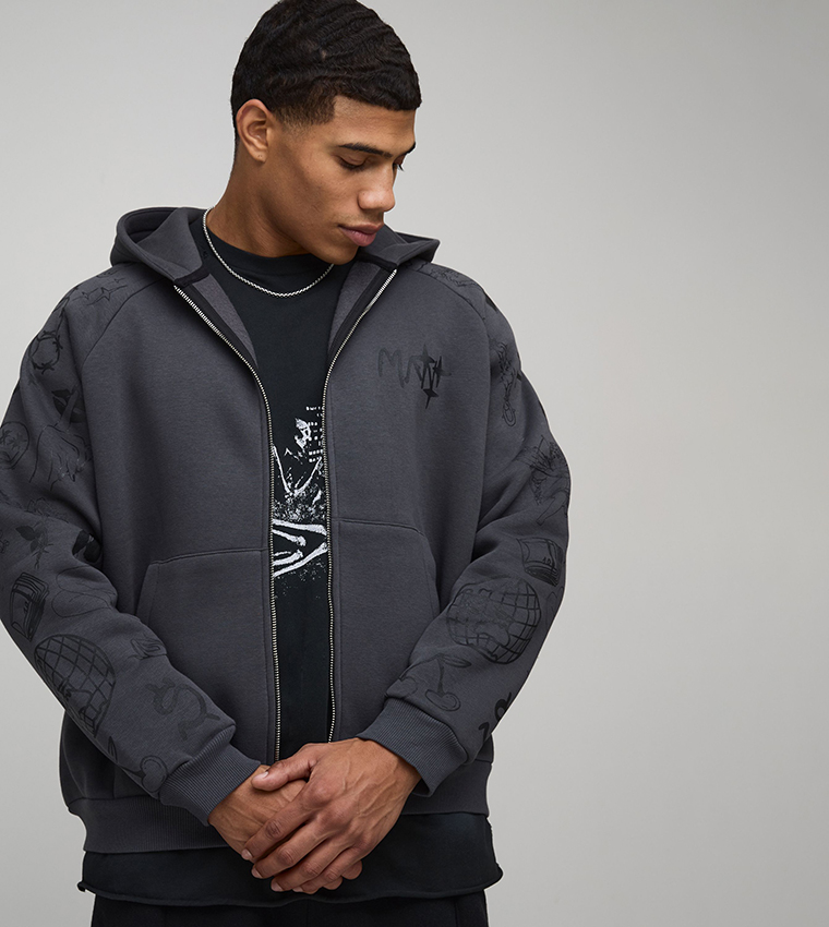 Zip-Through Doodle Sleeves Oversized Hooded Jacket