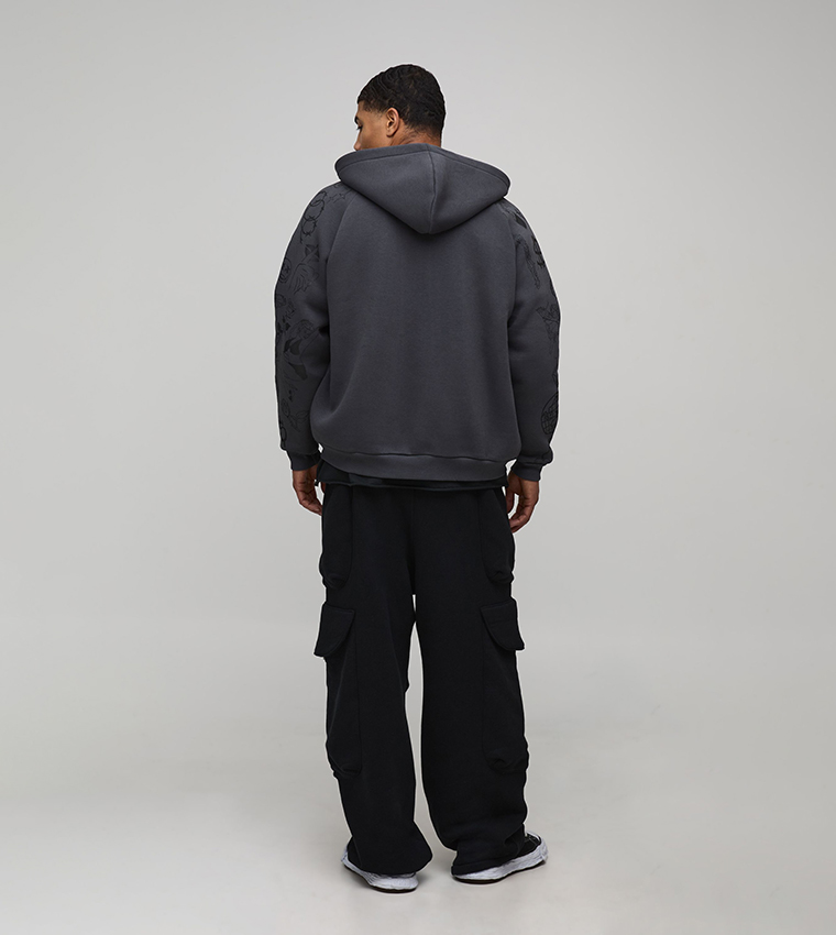 Zip-Through Doodle Sleeves Oversized Hooded Jacket