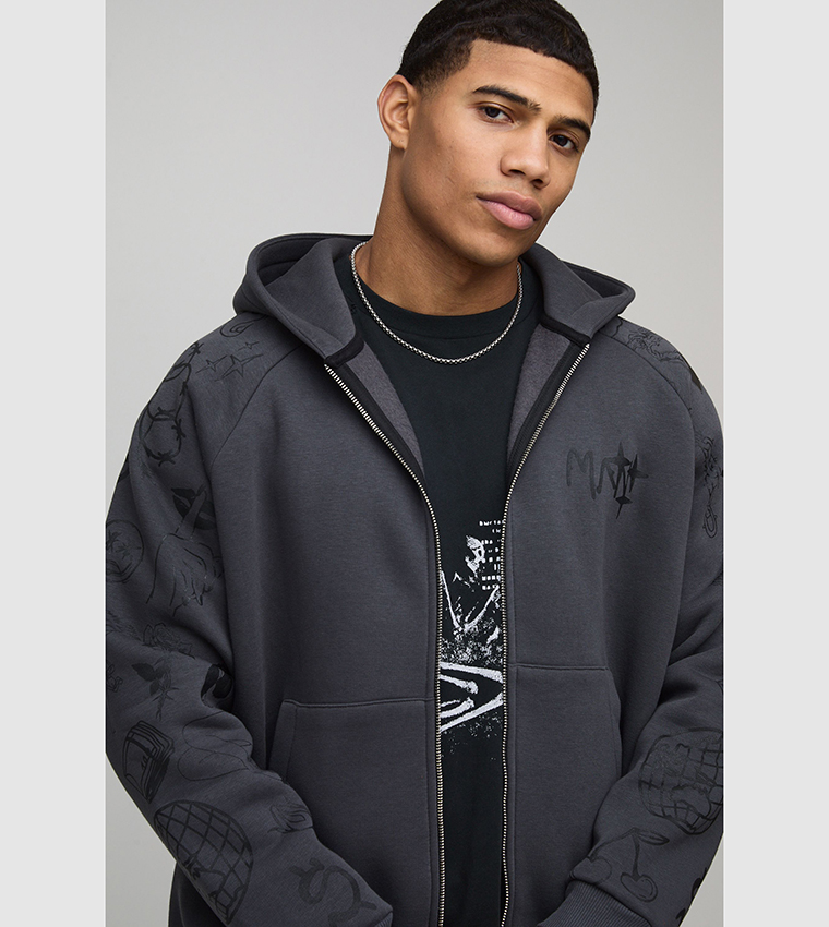 Zip-Through Doodle Sleeves Oversized Hooded Jacket