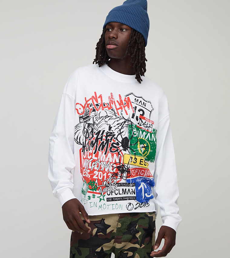 Raw Hem Graffiti Long Sleeves Printed Oversized T-Shirt