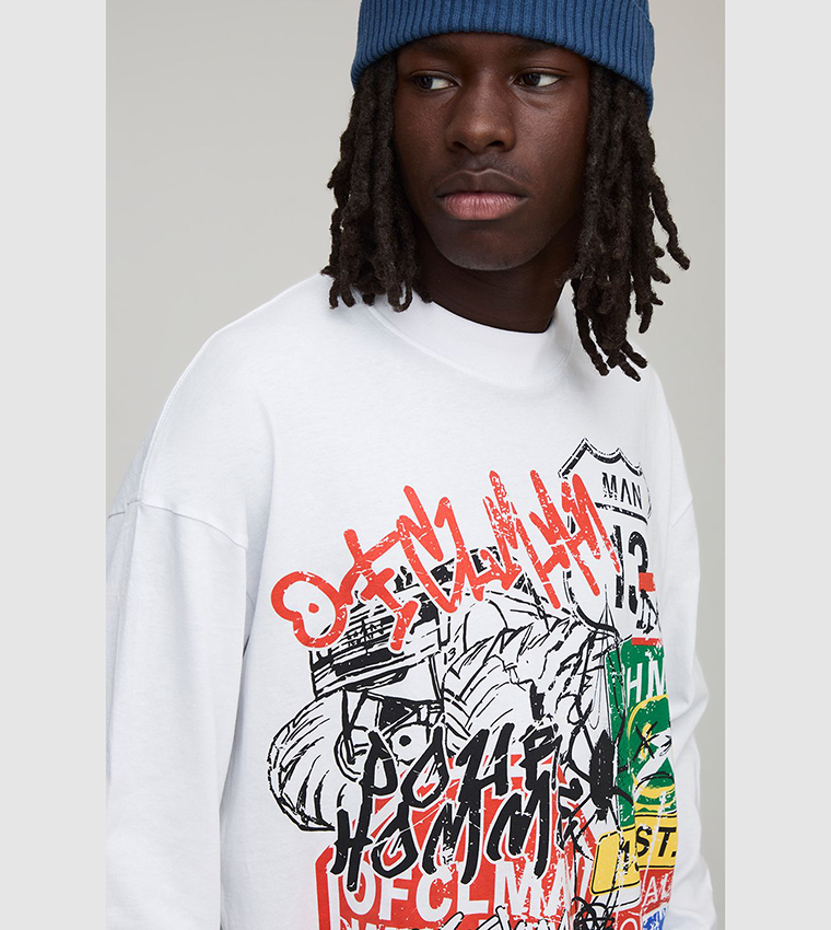 Raw Hem Graffiti Long Sleeves Printed Oversized T-Shirt