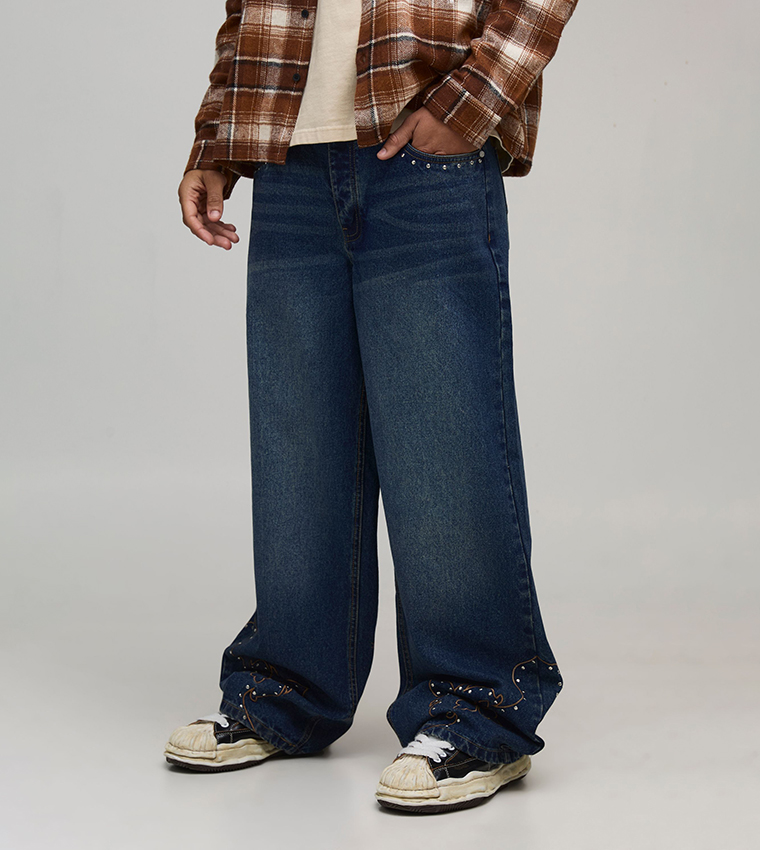 Studded Western Embroidered Hem Baggy Fit Jeans